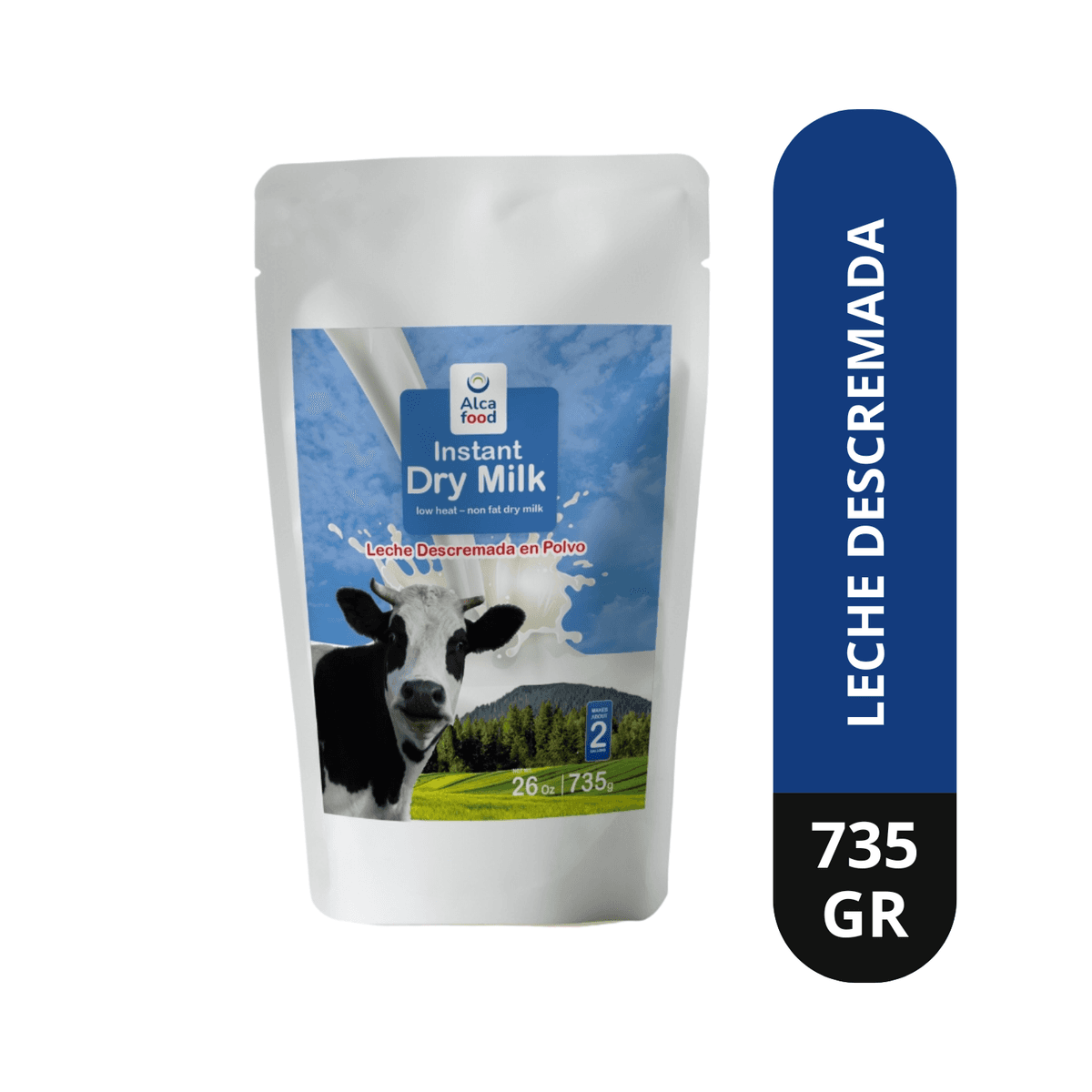 Leche descremada 0% en 735 g envase Doy Pack con Zipper
